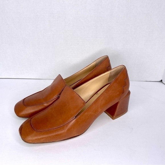 Sylven New York Marlene Cognac Tanned Italian Leather Block Heel Loafers Size 40 - Picture 2 of 11